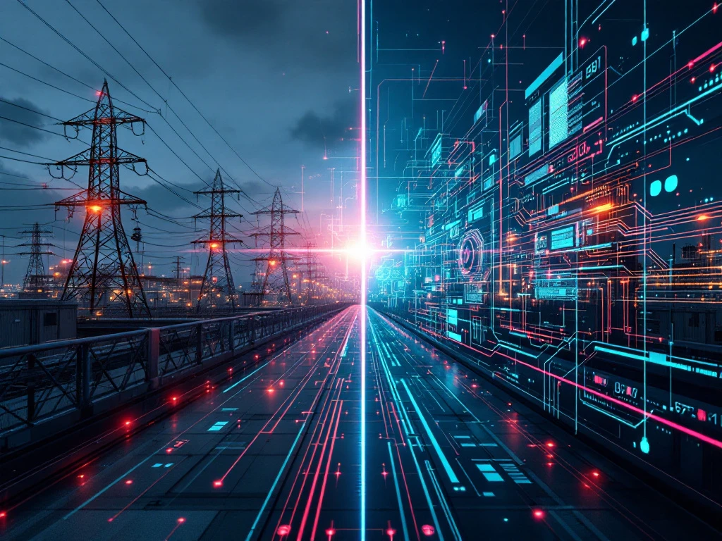 Split-screen vergelijking van traditionele energie-infrastructuur en futuristische AI-verbeterde energiesystemen met holografische data