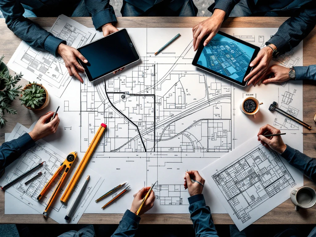 Bovenaanzicht van vergadertafel met bouwplannen, landmeetapparatuur en tablets met percelen voor vastgoedontwikkeling