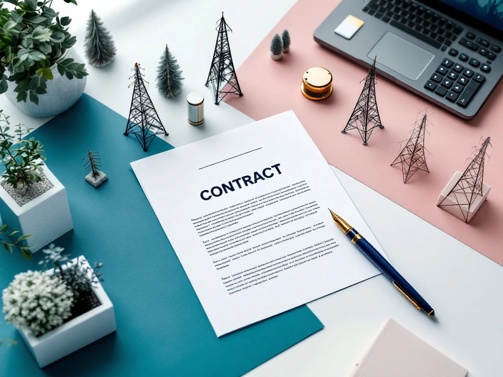Bureaubureau van bovenaf met openstaand contract, vulpen en miniatuur telecommunicatie- en energieinfrastructuurmodellen