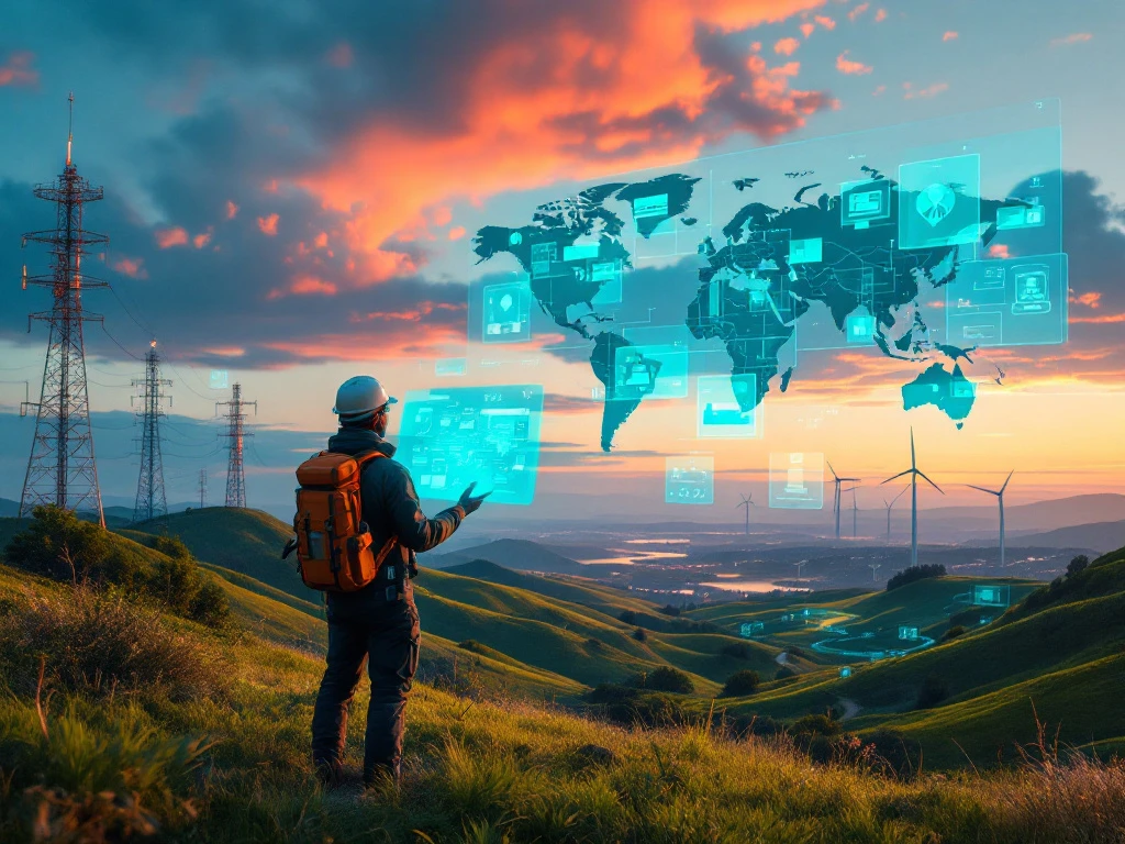 Landmeter bekijkt holografische eigendomskaarten boven groen landschap met duurzame energie-infrastructuur bij zonsondergang