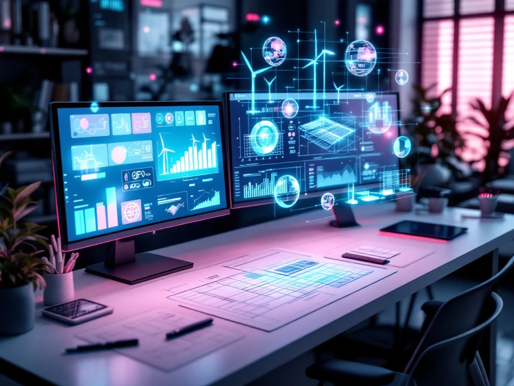 Moderne ingenieurswerkplek met duurzame energie blauwdrukken, windturbine schema