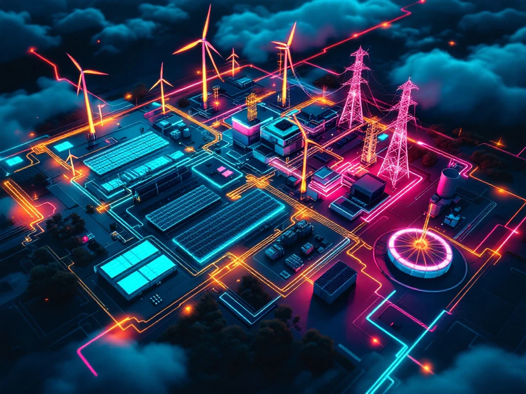 Luchtfoto van moderne energieinfrastructuur met windturbines, zonnepanelen en transmissietorens verbonden door gloeiende paden