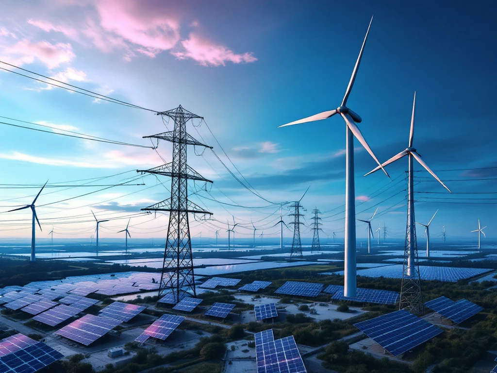 Luchtfoto van moderne duurzame energie-infrastructuur met windturbines, zonnepanelen en elektriciteitsleidingen