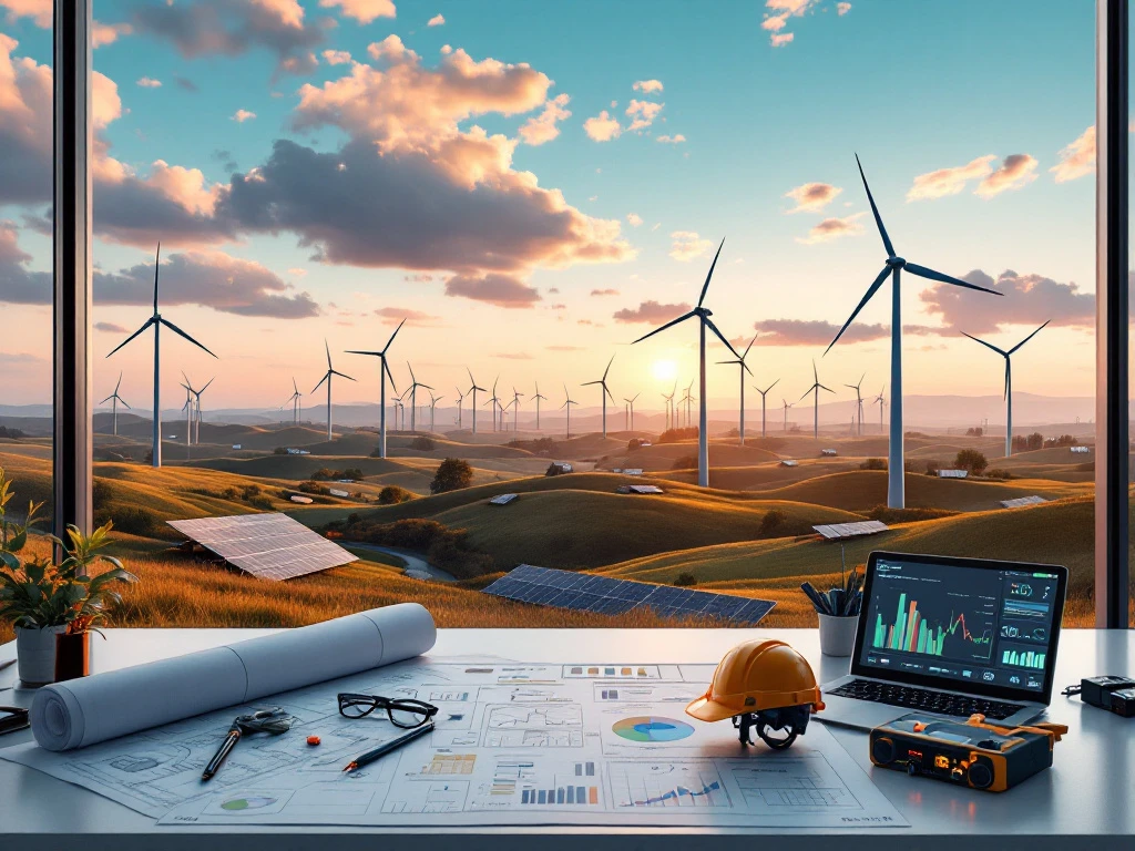 Duurzame energie-infrastructuur met windturbines, zonnepanelen en technische blauwdrukken op ingenieursbureau