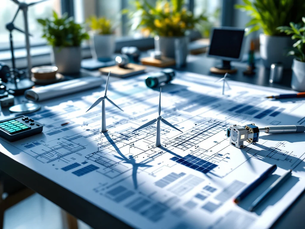 Duurzame energie werkplek met windturbine blauwdrukken, zonnepaneel schema