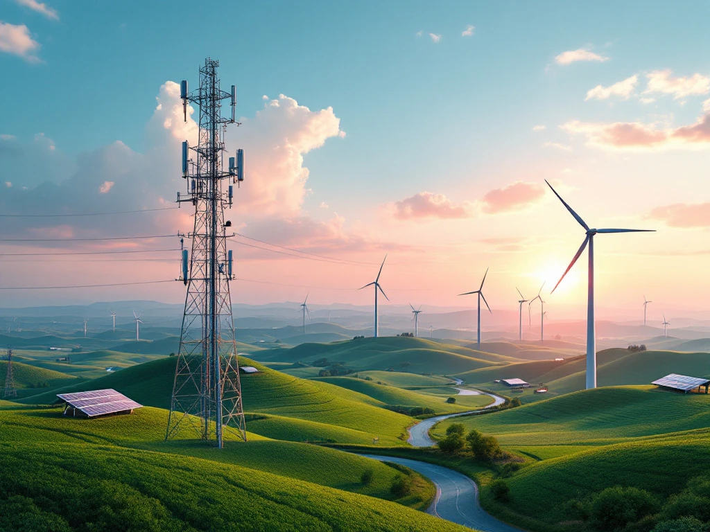Luchtfoto van duurzame infrastructuur met zonnepanelen, windturbines en telecommunicatietorens in groene landschap