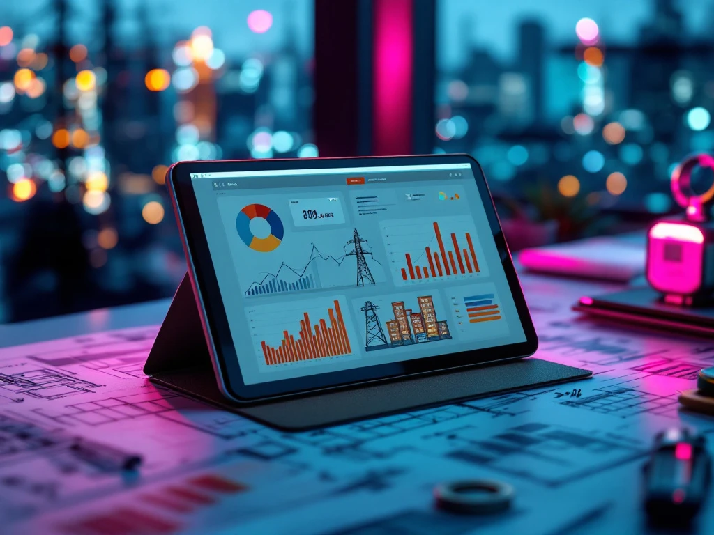 Tablet toont vastgoedanalyses op bureau met blauwdrukken van telecommunicatietorens en energie-infrastructuur