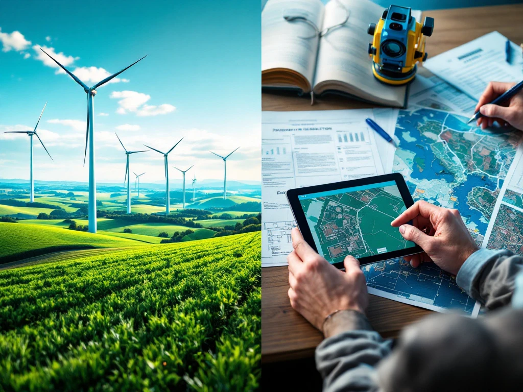 Gesplitste weergave van eigendomsbeheer: landelijke velden met windturbines links, juridische documenten en landmeetapparatuur rechts