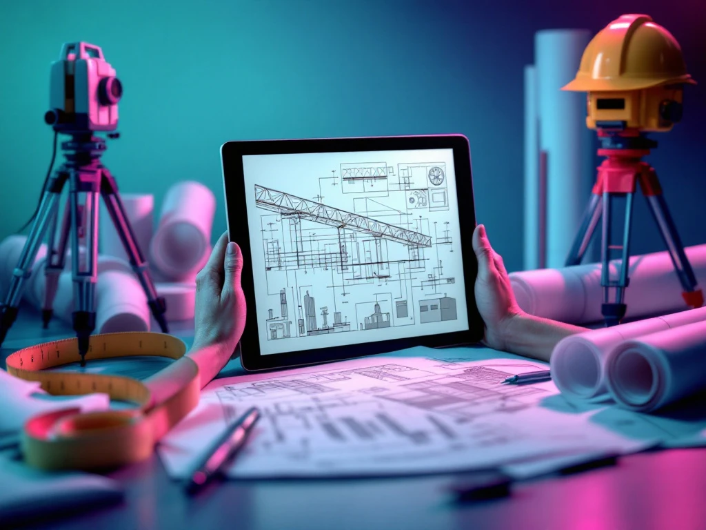 Digitale tablet met technische blauwdrukken omringd door landmeetinstrumenten en architecturale plannen op bureau