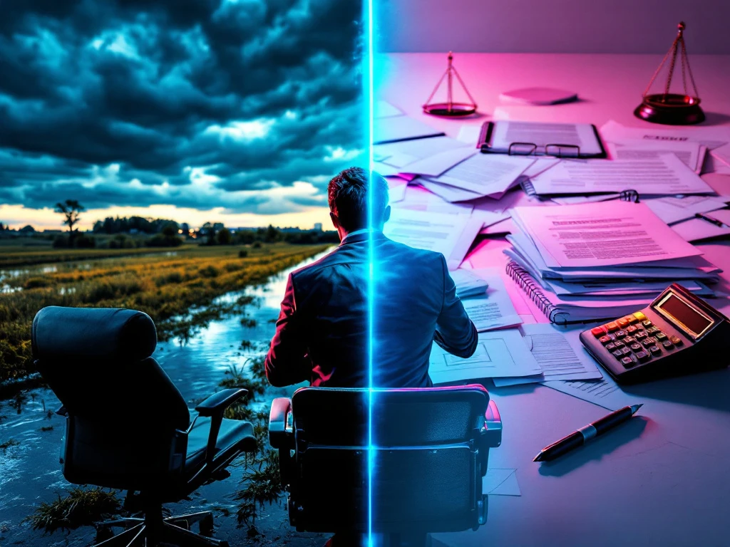 Split-screen toont uitdagingen grondbeheer: gefrustreerde professional bij overstroomd veld en bureau vol juridische documenten