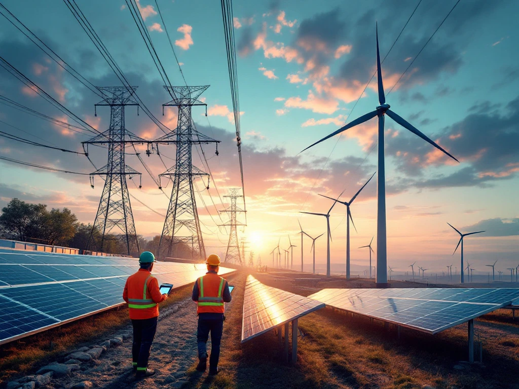 Ingenieurs werken met tablets bij zonnepanelen en windturbines in Nederlands landschap met elektrische infrastructuur