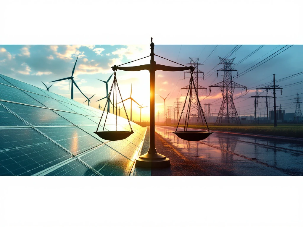Weegschaal tussen duurzame zonnepanelen en windmolens links en industriële elektriciteitsleidingen rechts in gesplitst beeld