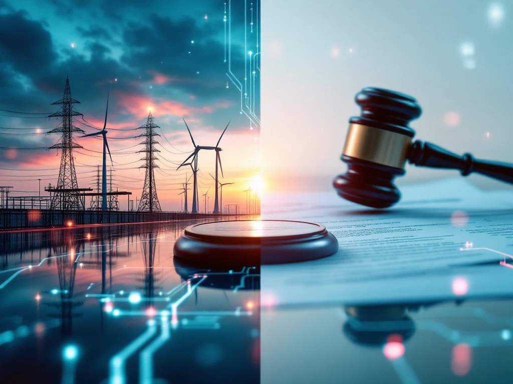 Energieinfrastructuur met windturbines en juridische documenten verbonden door digitale circuits in teal en marineblauw