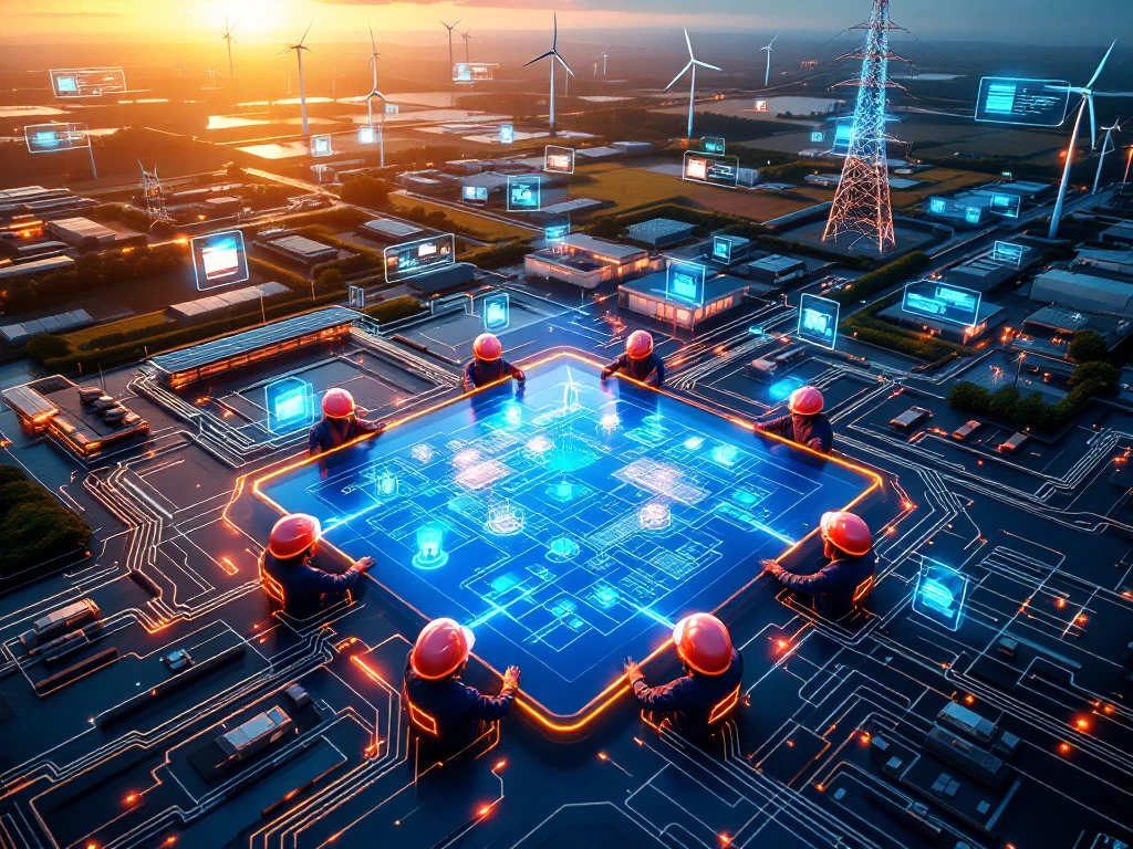 Luchtfoto van moderne energie-infrastructuur met windturbines, zonnepanelen en holografische blauwdrukken bij zonsondergang