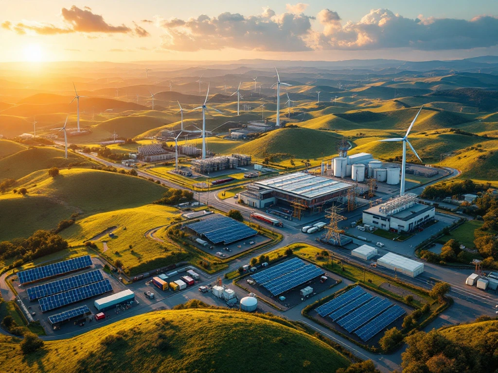 Luchtfoto van diverse energie-infrastructuur met windturbines, zonnepanelen en elektriciteitsmasten in gouden avondlicht