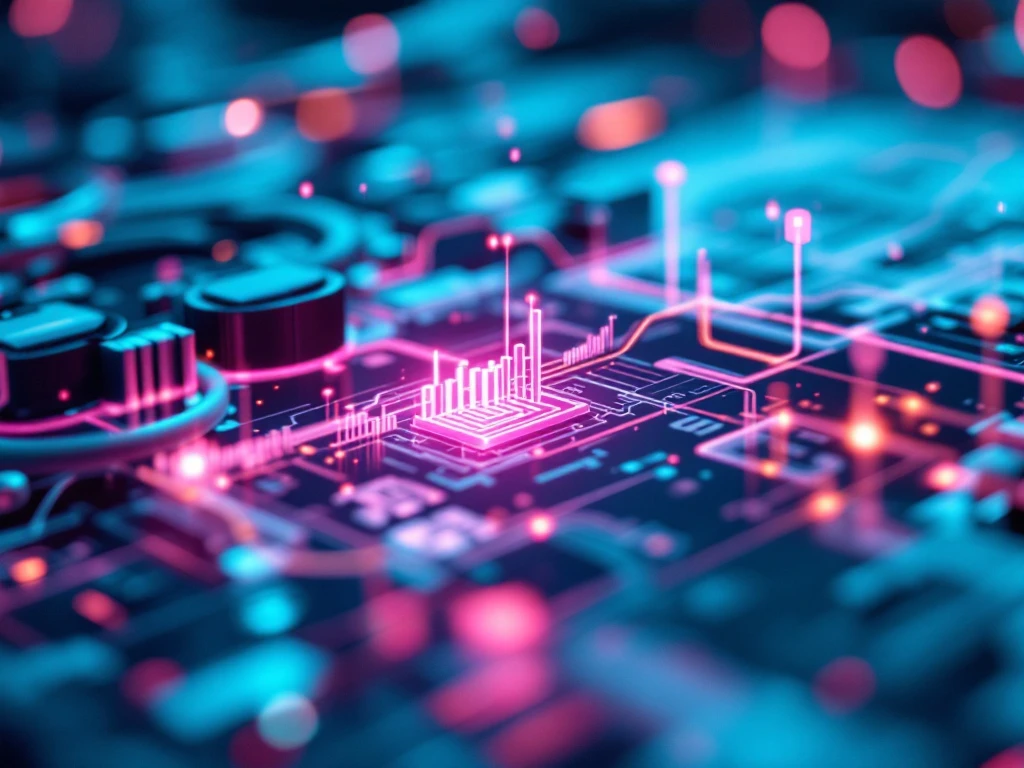 Moderne energie-infrastructuur met metalen panelen, glasvezelkabels en communicatiesymbolen op technische blauwdrukken