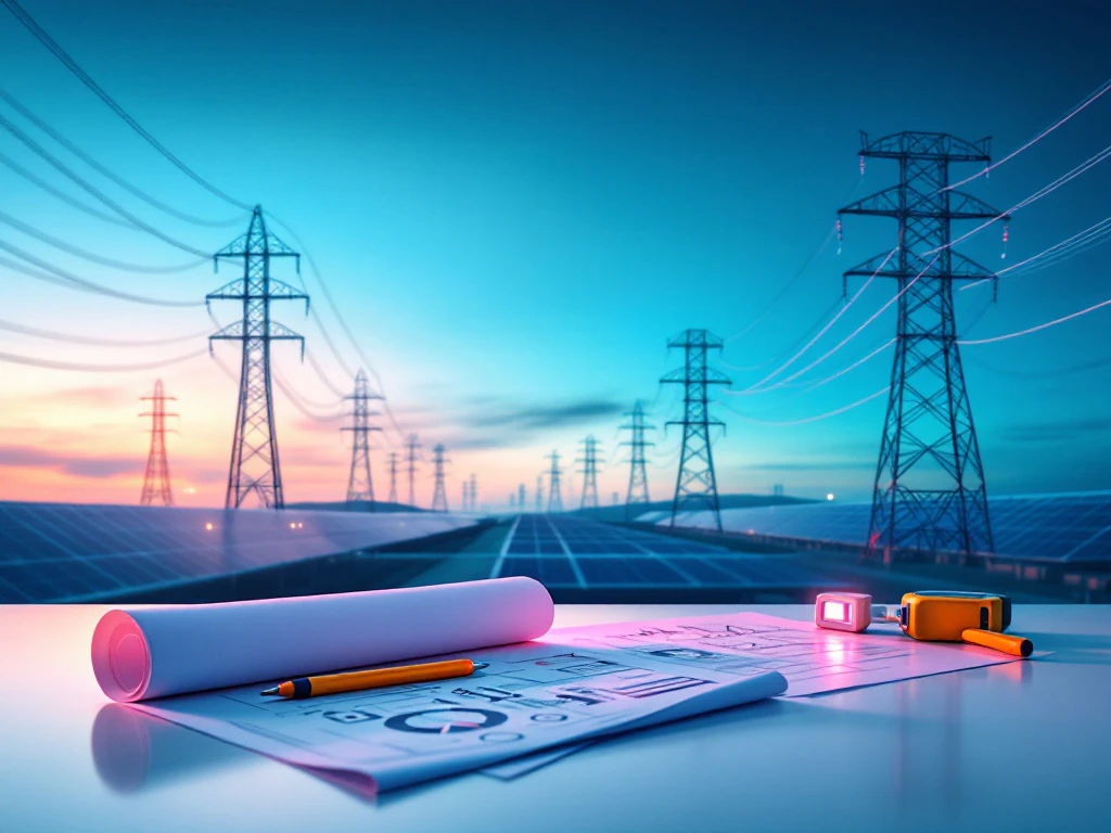 Elektrische transmissiemasten en zonnepanelen met technische blauwdrukken en meetinstrumenten op voorgrond