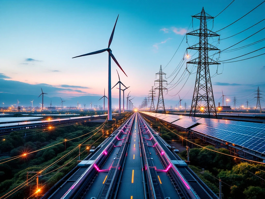 Luchtfoto van moderne energie-infrastructuur met windturbines, zonnepanelen en hoogspanningsmasten in dramatisch landschap