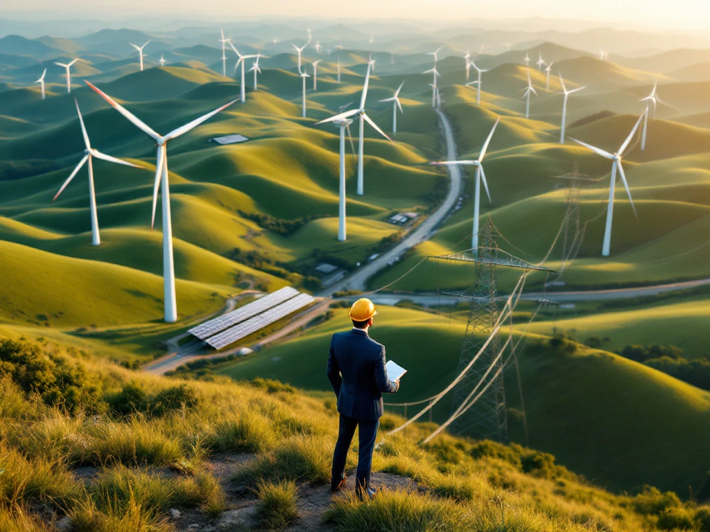 Luchtfoto van moderne energie-infrastructuur met windmolens, zonnepanelen en professional met meetapparatuur op heuvels