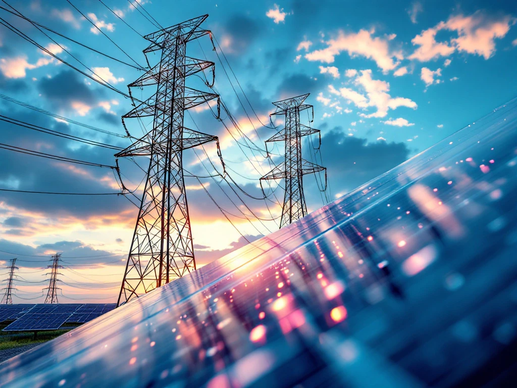 Elektriciteitstransmissielijnen en zonnepanelen tegen blauwe hemel, moderne duurzame energie-infrastructuur vanuit laag perspectief