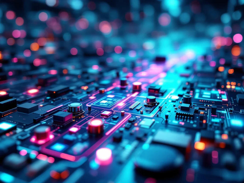 Geavanceerde energie-infrastructuur met zonnepanelen, windturbine-onderdelen en AI-monitoring systemen in INNSO merkkleuren