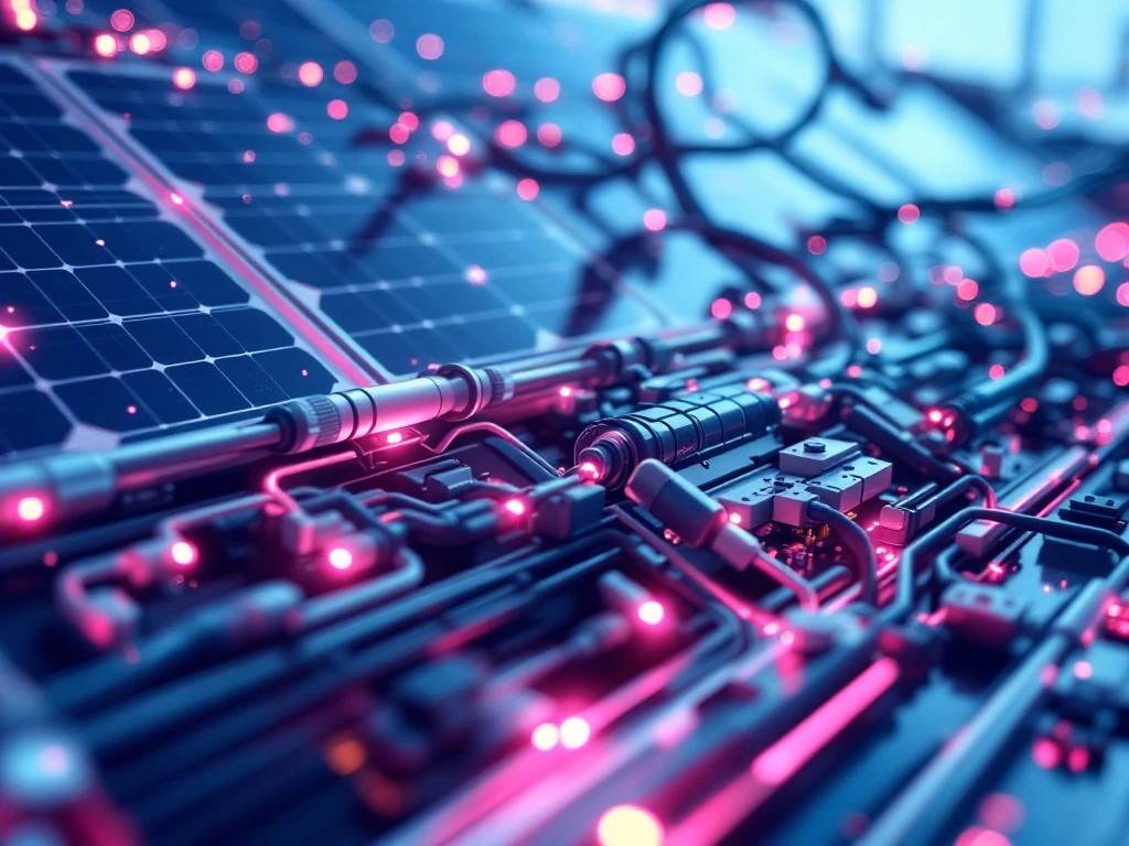 Moderne energie-infrastructuur met zonnepanelen, windturbine-onderdelen en elektrische transmissieapparatuur in close-up