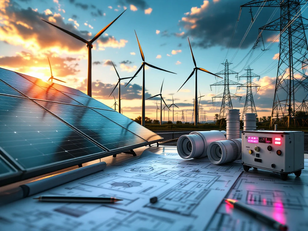 Zonnepanelen, windturbines en elektriciteitstransmissiemasten met moderne netwerkbesturingsapparatuur en technische blauwdrukken