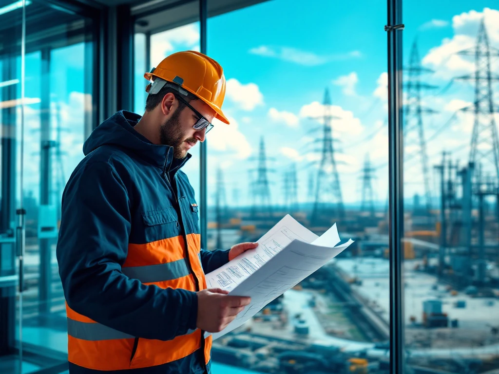 Lead engineer in harde hoed analyseert bouwtekeningen bij energiesite met controlekamer, stroomlijnen en duurzame installaties in INNSO-merkkleurenspectrum.
