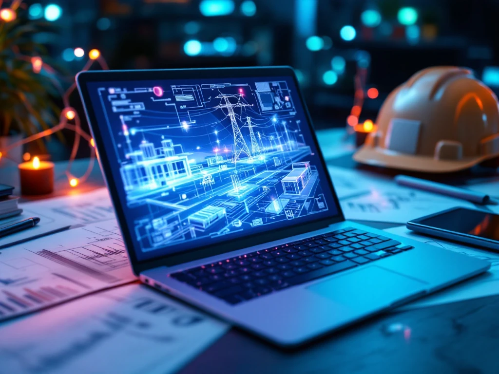 Ingenieur werkplek met laptop met energie-infrastructuur blauwdrukken, technische tekeningen en veiligheidshelm
