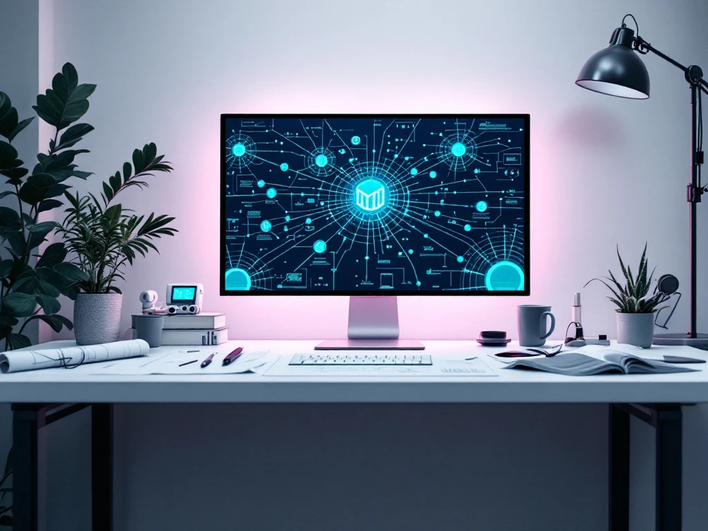 Ingenieurswerkruimte met netwerk diagram van energie-infrastructuur in teal op navy interface met technische blauwdrukken