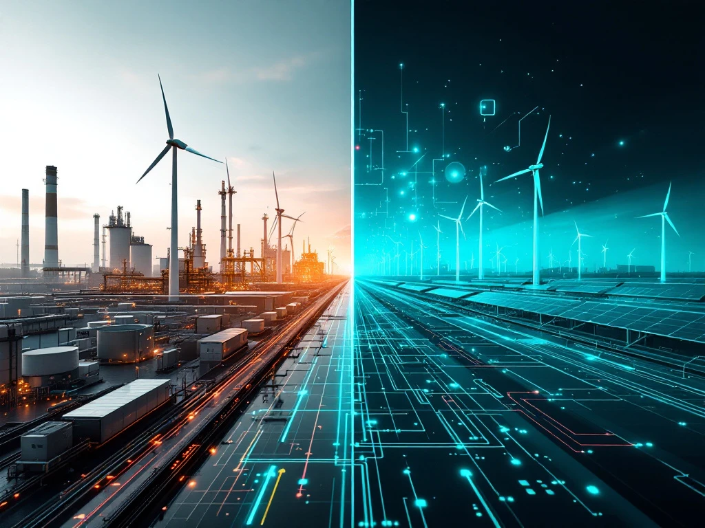 Gesplitst scherm toont overgang van traditionele grijze industrie naar moderne duurzame energie met windturbines en zonnepanelen