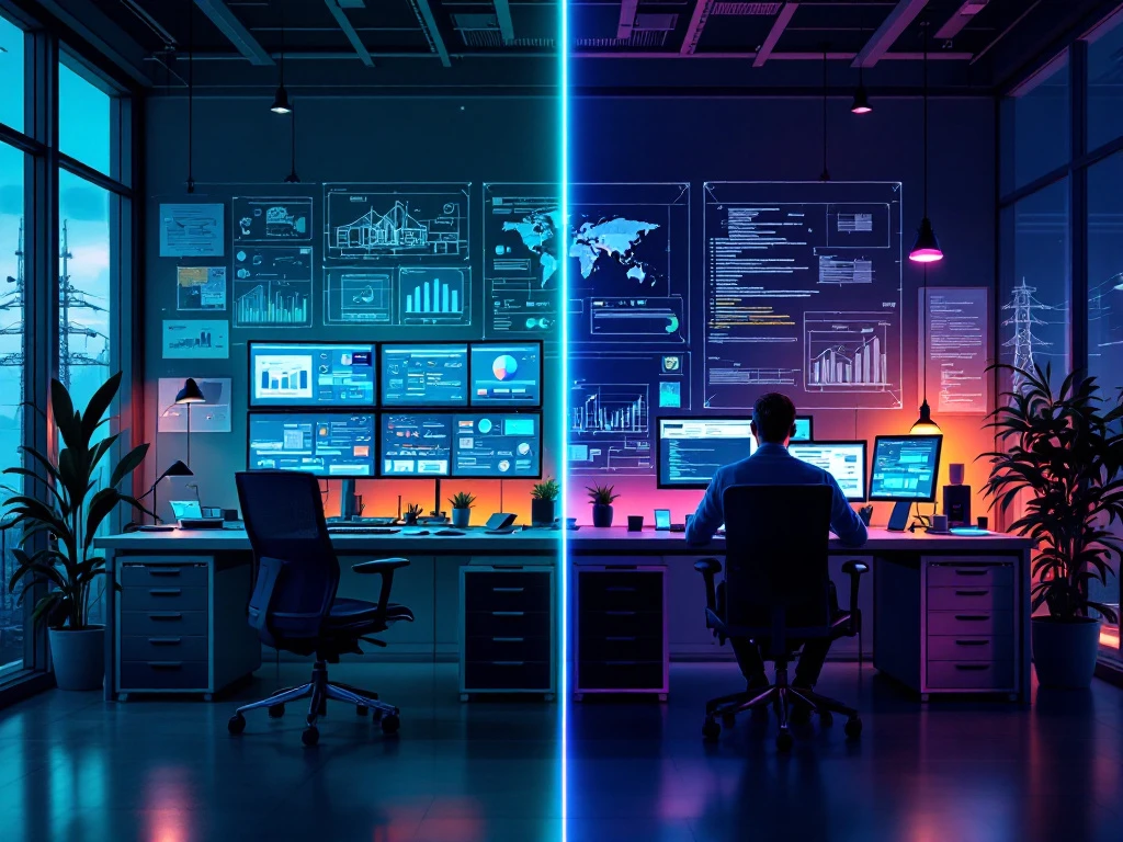 Vergelijking van werkplekken: links een hoofdingenieur met projectdiagrammen en blauwdrukken, rechts een senior ingenieur met technische componenten en codering.