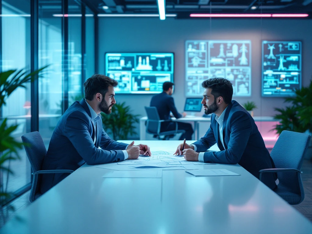 Twee ingenieurs bespreken blauwdrukken in een modern kantoor met INNSO-merkkleurenaccenten, terwijl technische infrastructuurdiagrammen op schermen zichtbaar zijn.