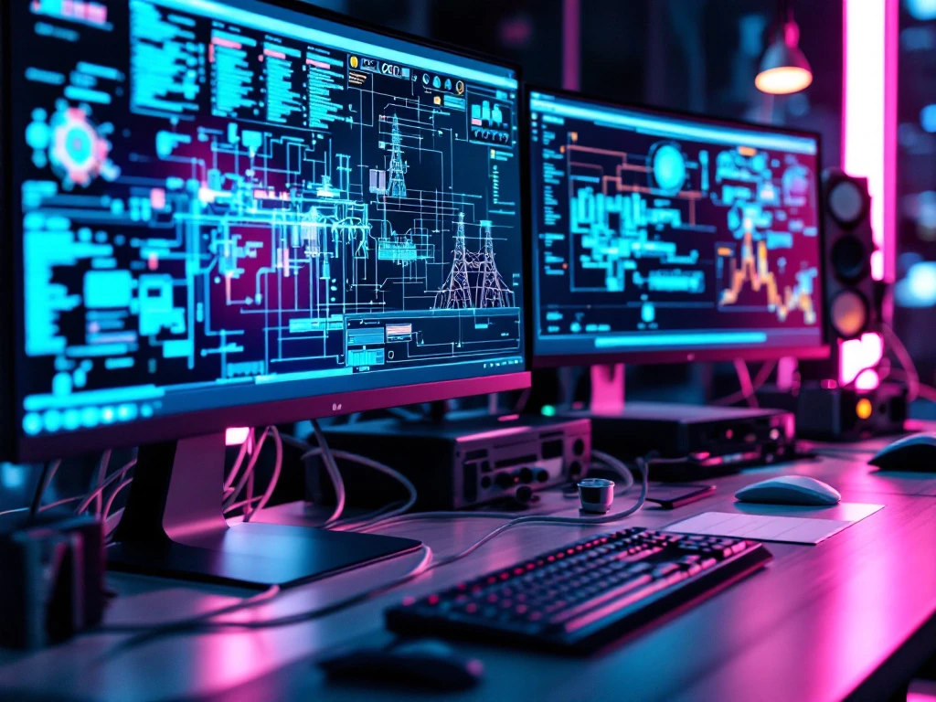 Meerdere computerschermen tonen technische software met circuitdiagrammen en 3D-modellen in een moderne ingenieurswerkplek