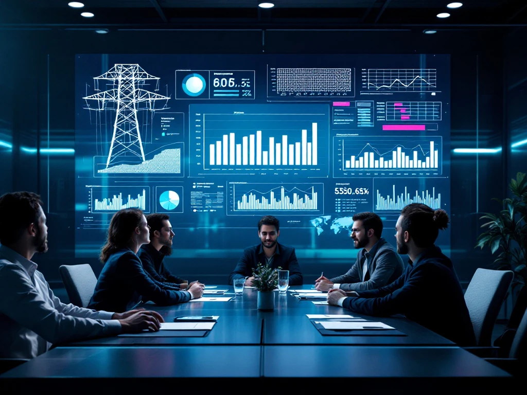 Professioneel engineeringteam bespreekt prestatiemetrieken rond een conferentietafel met digitale grafieken en telecominfrastructuur-ontwerpen in een high-tech omgeving.