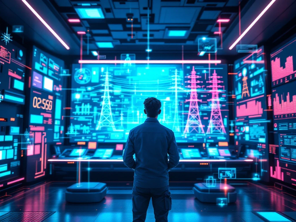 Futuristische hoofdingenieur in een hightech controlekamer met holografische infrastructuurnetwerken in INNSO