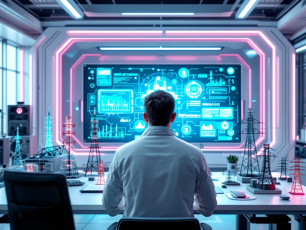 Ingenieur in futuristische werkruimte met holografische displays van infrastructuurnetwerken, omringd door telecommunicatie- en energiemodellen in zacht licht