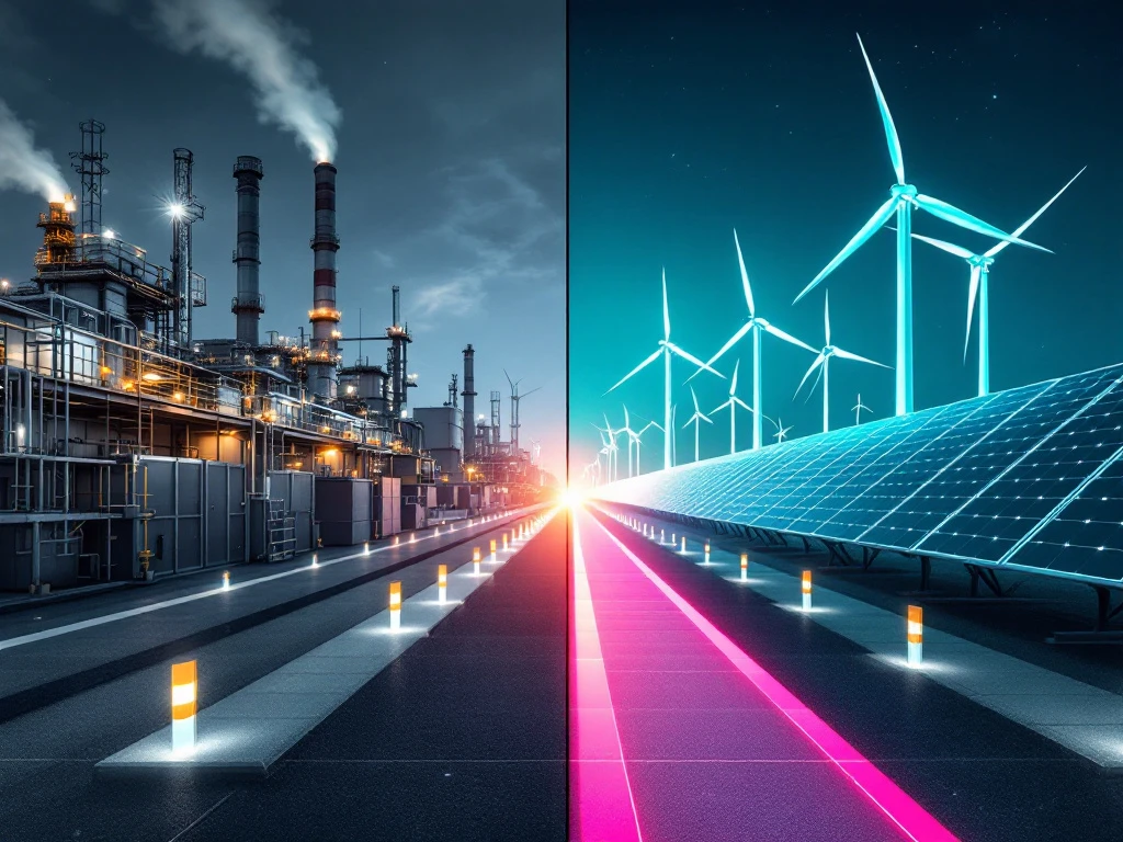 Industriële werkplek die overgaat naar moderne duurzame energiefaciliteit met windturbines en zonnepanelen