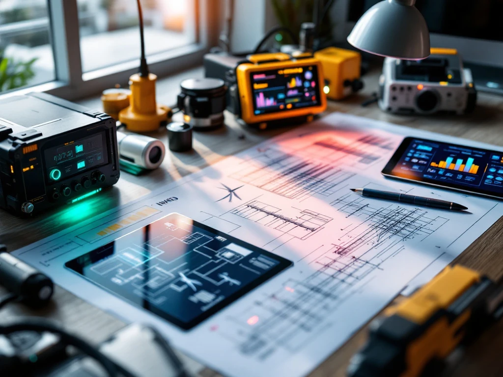 Ingenieurswerkplek met windturbine blauwdrukken, zonnepaneel schema