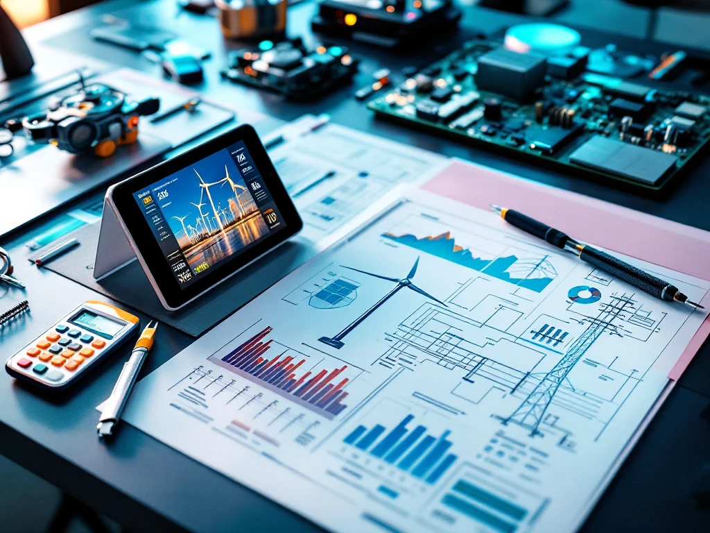 Ingenieurswerkplek met windturbine blauwdrukken, zonnepaneel schema