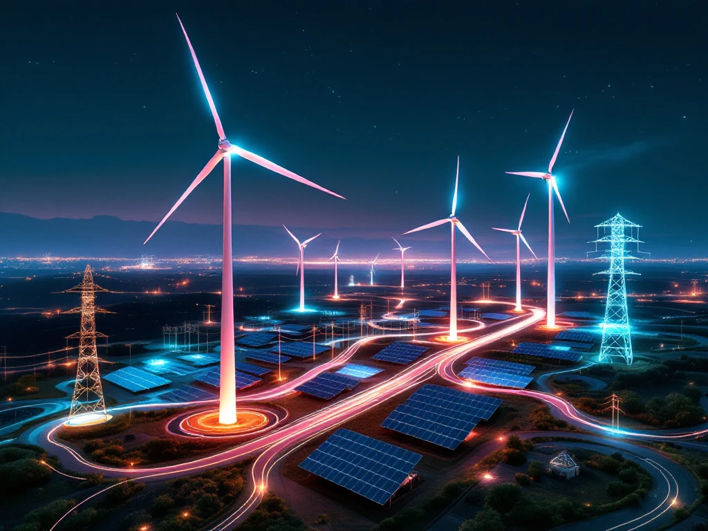 Luchtfoto van moderne duurzame energie-infrastructuur met windmolens, zonnepanelen en transmissiemasten verbonden door gloeiende lijnen