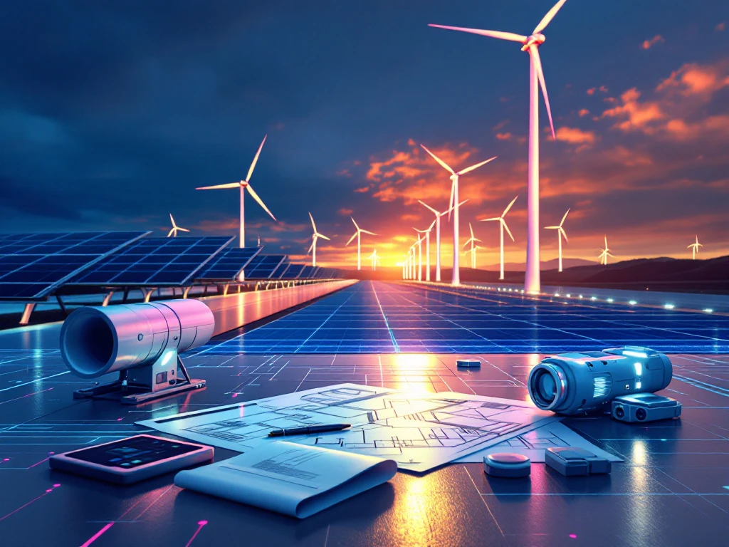 Moderne energieinfrastructuur met windturbines en zonnepanelen, technische blauwdrukken op voorgrond in INNSO merkkleuren