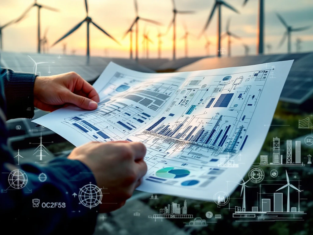 Handen van ingenieur met blauwdrukken voor hernieuwbare energie, windmolens en zonnepanelen op achtergrond