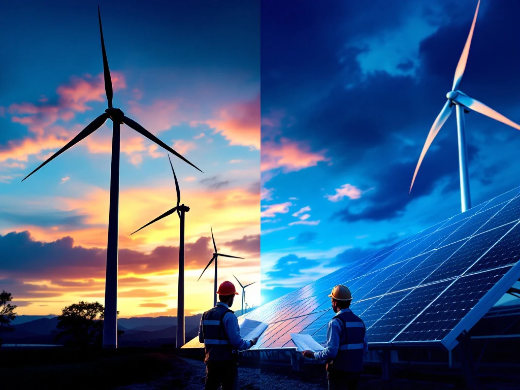 Windturbines en zonnepanelen met ingenieurs die blauwdrukken bekijken tegen dramatische hemel bij schemering