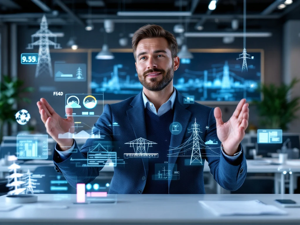 Lead engineer bij werkstation met holografische technische diagrammen in een modern kantoor met telecomtorens en energienetwerk elementen in teal, navy en roze tinten.