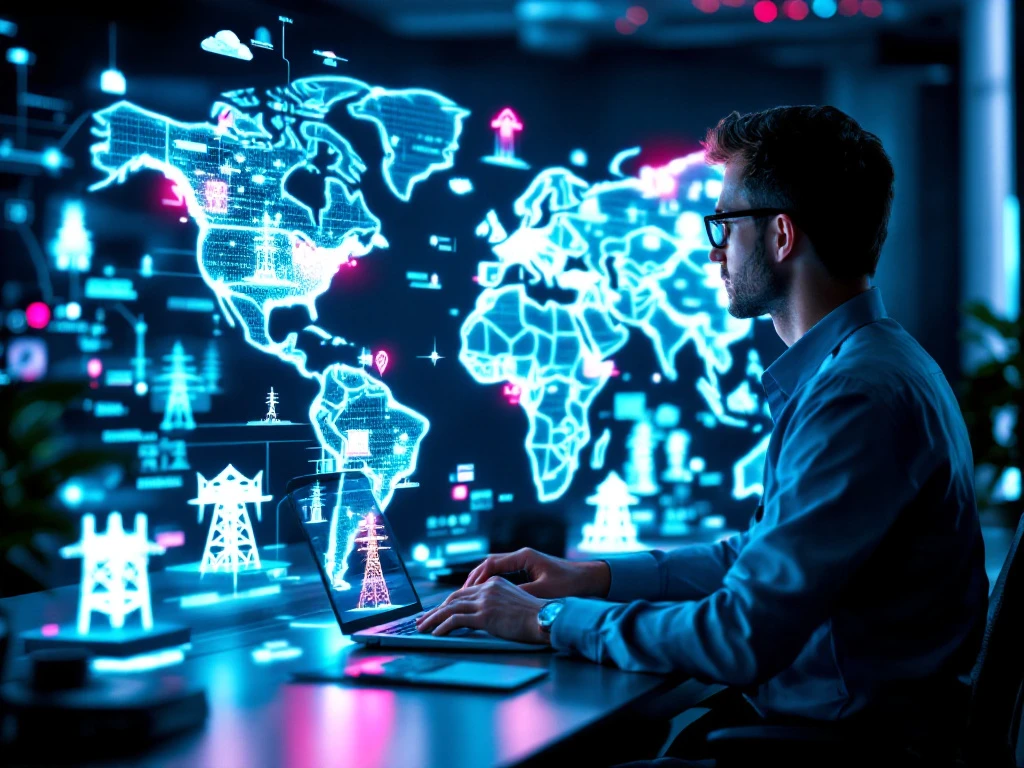 Ingenieur analyseert holografische wereldkaart van infrastructuurnetwerken in een moderne werkruimte met teal, navy en roze merkaccenten.