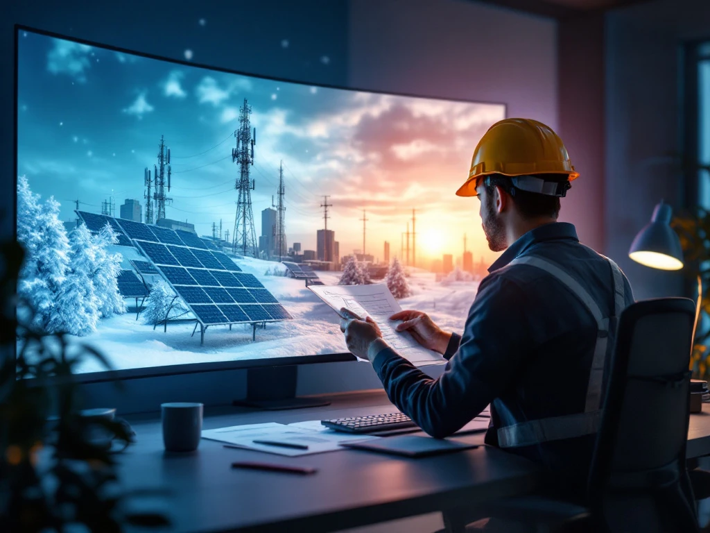 Lead engineer met veiligheidshelm bestudeert seizoensgebonden infrastructuurontwerpen, omringd door INNSO