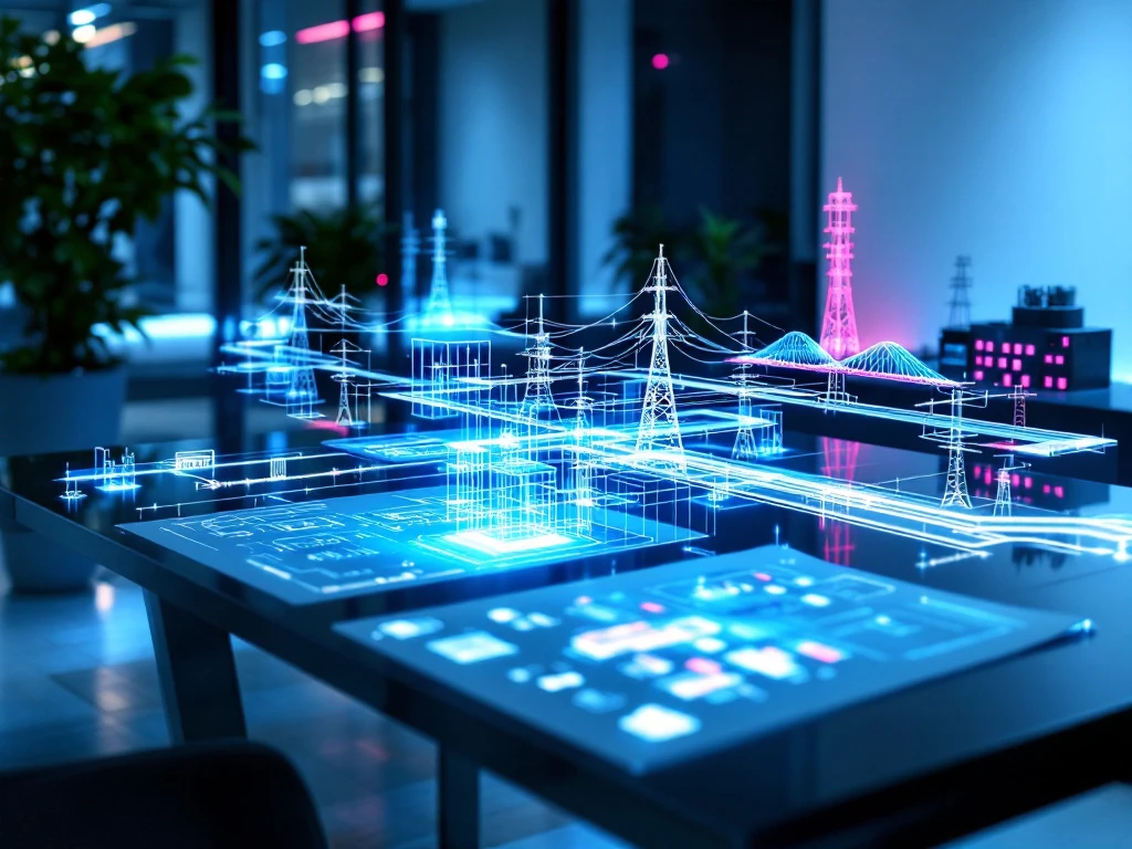 Modern ingenieurswerkplek met holografisch infrastructuurontwerp in blauw, technische tekeningen op glazen tafel en telecommodellen onder teal verlichting.