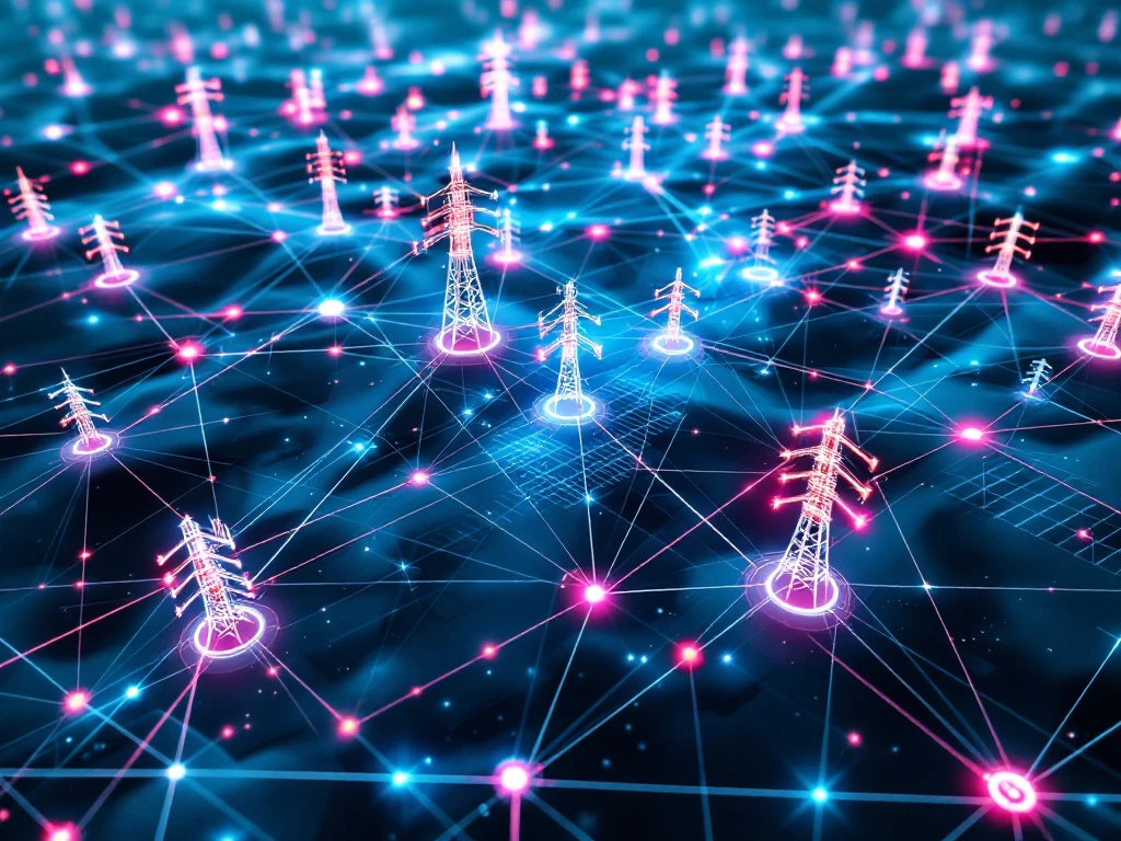 Luchtfoto van onderling verbonden infrastructuurnetwerken met glasvezelkabels, telecomtorens en energielijnen in moderne landschap