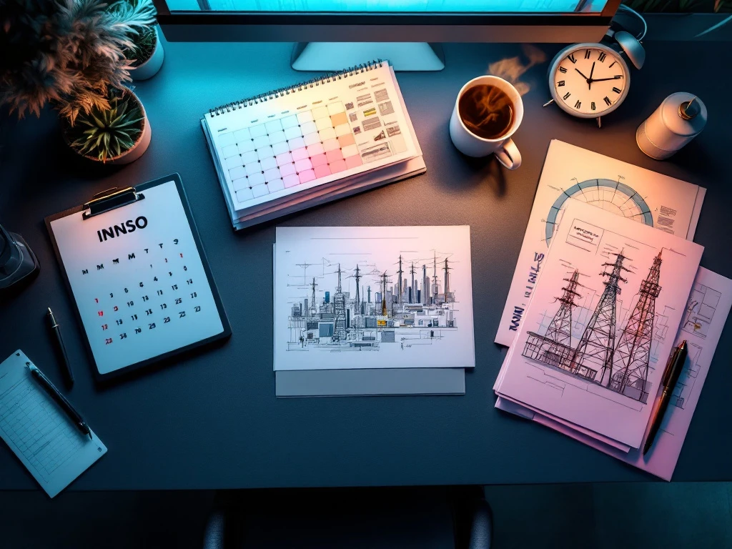 Bovenaanzicht van moderne kantoorbureau met architecturale blauwdrukken van telecomtorens, klok, koffie en planningstools